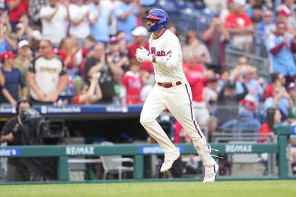 Apr 22, 2023; Philadelphia, Pennsylvania, USA;  Philadelphia Phillies right fielder Nick Castellanos (8) rounds the bases after hitting a home run against the Colorado Rockies during the second inning at Citizens Bank Park. Mandatory Credit: Gregory Fisher-USA TODAY Sports