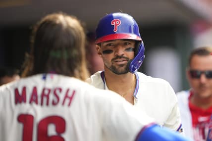 Apr 22, 2023; Philadelphia, Pennsylvania, USA; Philadelphia Phillies right fielder Nick Castellanos (8) is congratulated by center fielder Brandon Marsh (16) for hitting a home run against the Colorado Rockies during the sixth inning at Citizens Bank Park. Mandatory Credit: Gregory Fisher-USA TODAY Sports
