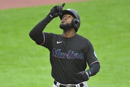 Apr 22, 2023; Cleveland, Ohio, USA; Miami Marlins left fielder Bryan De La Cruz (14) celebrates after hitting a solo home run against the Cleveland Guardians in the sixth inning at Progressive Field. Mandatory Credit: David Richard-USA TODAY Sports