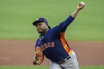 Apr 22, 2023; Cumberland, Georgia, USA; Houston Astros starting pitcher Framber Valdez (59) pitches against the Atlanta Braves during the first inning at Truist Park. Mandatory Credit: Dale Zanine-USA TODAY Sports