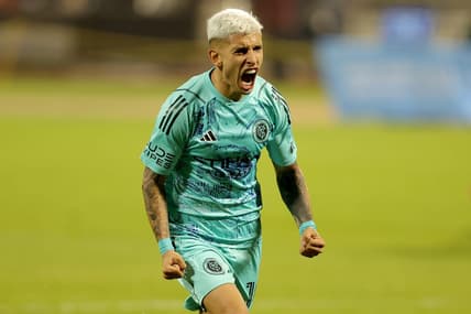Apr 22, 2023; Flushing, NY, USA; New York City FC midfielder Santiago Rodriguez (10) celebrates his goal against FC Dallas during the first half at Citi Field. Mandatory Credit: Brad Penner-USA TODAY Sports