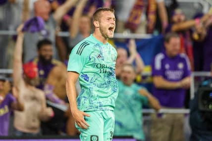 Apr 22, 2023; Orlando, Florida, USA;  Orlando City SC forward Duncan McGuire (13) reacts after scoring a goal against D.C. United in the first half at Exploria Stadium. Mandatory Credit: Nathan Ray Seebeck-USA TODAY Sports