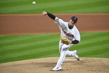Apr 22, 2023; Cleveland, Ohio, USA; Cleveland Guardians starting pitcher Zach Plesac (34) delivers a pitch in the first inning against the Miami Marlins at Progressive Field. Mandatory Credit: David Richard-USA TODAY Sports