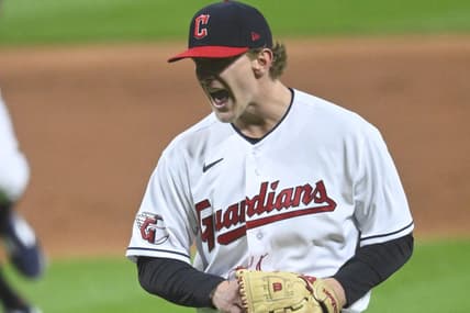 Apr 22, 2023; Cleveland, Ohio, USA; Cleveland Guardians starting pitcher Zach Plesac (34) reacts in the second inning against the Miami Marlins at Progressive Field. Mandatory Credit: David Richard-USA TODAY Sports