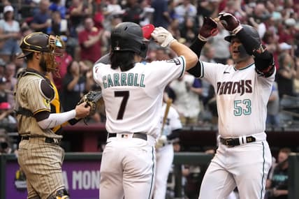 Apr 22, 2023; Phoenix, Arizona, USA; Arizona Diamondbacks first baseman Christian Walker (53) celebrates with left fielder Corbin Carroll (7) after hitting a two run home run against the San Diego Padres in the third inning at Chase Field. Mandatory Credit: Rick Scuteri-USA TODAY Sports