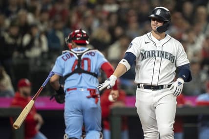 Apr 22, 2023; Seattle, Washington, USA; Seattle Mariners first baseman Ty France (23) throws down his bat after striking about during the fifth inning against the St. Louis Cardinals at T-Mobile Park. Mandatory Credit: Stephen Brashear-USA TODAY Sports