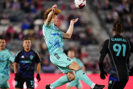 Apr 22, 2023; Commerce City, Colorado, USA; St. Louis City defender Tim Parker (26) heads the ball during first half at Dick's Sporting Goods Park. Mandatory Credit: Dharmesh Patel-USA TODAY Sports