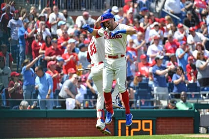 Apr 23, 2023; Philadelphia, Pennsylvania, USA; Philadelphia Phillies first baseman Kody Clemens (23) celebrates his home run with third baseman Edmundo Sosa (33) against the Colorado Rockies during the third inning at Citizens Bank Park. Mandatory Credit: Eric Hartline-USA TODAY Sports