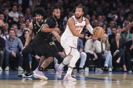 Apr 23, 2023; New York, New York, USA; Cleveland Cavaliers guard Darius Garland (10) defends New York Knicks guard Jalen Brunson (11) during game four of the 2023 NBA playoffs at Madison Square Garden. Mandatory Credit: Wendell Cruz-USA TODAY Sports