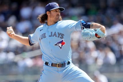Apr 23, 2023; Bronx, New York, USA; Toronto Blue Jays starting pitcher Kevin Gausman (34) pitches against the New York Yankees during the first inning at Yankee Stadium. Mandatory Credit: Brad Penner-USA TODAY Sports