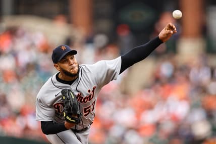 Apr 23, 2023; Baltimore, Maryland, USA; Detroit Tigers starting pitcher Eduardo Rodriguez (57) pitches against the Baltimore Orioles  during the second inning at Oriole Park at Camden Yards. Mandatory Credit: Scott Taetsch-USA TODAY Sports