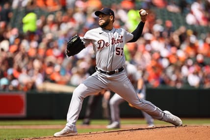 Apr 23, 2023; Baltimore, Maryland, USA; Detroit Tigers starting pitcher Eduardo Rodriguez (57) pitches against the Baltimore Orioles during the first inning at Oriole Park at Camden Yards. Mandatory Credit: Scott Taetsch-USA TODAY Sports