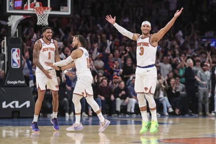 Apr 23, 2023; New York, New York, USA; New York Knicks forward Obi Toppin (1), and guards Jalen Brunson (11) and  Josh Hart (3) celebrates during game four of the 2023 NBA playoffs against the Cleveland Cavaliers at Madison Square Garden. Mandatory Credit: Wendell Cruz-USA TODAY Sports
