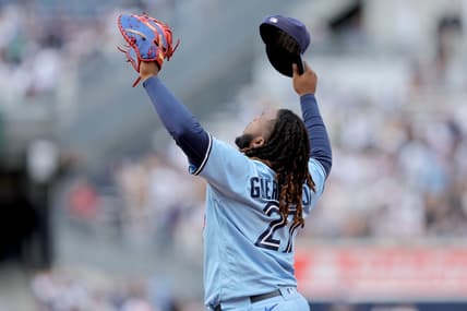 Apr 23, 2023; Bronx, New York, USA; Toronto Blue Jays first baseman Vladimir Guerrero Jr. (27) reacts after defeating the New York Yankees at Yankee Stadium. Mandatory Credit: Brad Penner-USA TODAY Sports