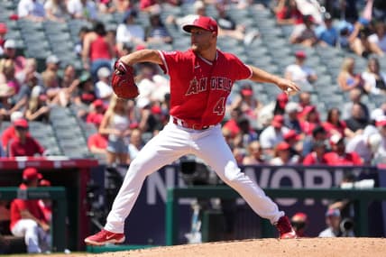 Apr 23, 2023; Anaheim, California, USA; Los Angeles Angels starting pitcher Reid Detmers (48) throws during the third inning against the Kansas City Royals at Angel Stadium. Mandatory Credit: Kirby Lee-USA TODAY Sports
