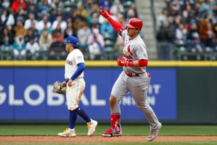 Apr 23, 2023; Seattle, Washington, USA; St. Louis Cardinals second baseman Nolan Gorman (16) runs the bases after hitting a three-run home run against the Seattle Mariners during the fourth inning at T-Mobile Park. Mandatory Credit: Joe Nicholson-USA TODAY Sports