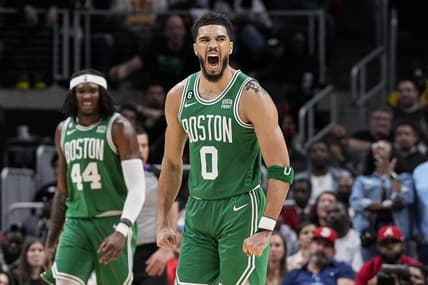 Apr 23, 2023; Atlanta, Georgia, USA; Boston Celtics forward Jayson Tatum (0) reacts after making a long three point shot against the Atlanta Hawks during the second half during game four of the 2023 NBA playoffs at State Farm Arena. Mandatory Credit: Dale Zanine-USA TODAY Sports