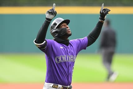 Apr 24, 2023; Cleveland, Ohio, USA; Colorado Rockies left fielder Jurickson Profar (29) celebrates after hitting a home run during the first inning against the Cleveland Guardians at Progressive Field. Mandatory Credit: Ken Blaze-USA TODAY Sports