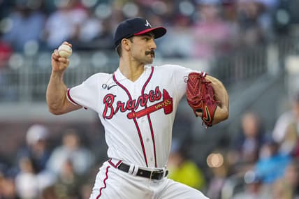 Apr 24, 2023; Cumberland, Georgia, USA; Atlanta Braves starting pitcher Spencer Strider (99) pitches against the Miami Marlins during the first inning at Truist Park. Mandatory Credit: Dale Zanine-USA TODAY Sports