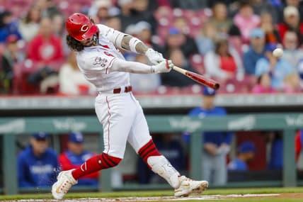 Apr 24, 2023; Cincinnati, Ohio, USA; Cincinnati Reds second baseman Jonathan India (6) hits a double against the Texas Rangers in the first inning at Great American Ball Park. Mandatory Credit: Katie Stratman-USA TODAY Sports