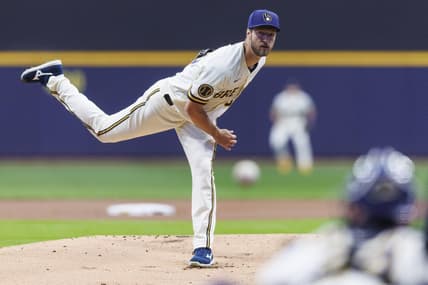 Apr 24, 2023; Milwaukee, Wisconsin, USA;  Milwaukee Brewers pitcher Colin Rea (48) throws a pitch during the first inning against the Detroit Tigers at American Family Field. Mandatory Credit: Jeff Hanisch-USA TODAY Sports