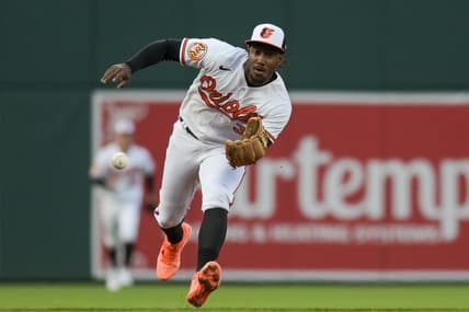 Apr 24, 2023; Baltimore, Maryland, USA; Baltimore Orioles shortstop Jorge Mateo (3) fields  Boston Red Sox shortstop Enrique Hernandez (not pictured) ground ball dueling the third inning  at Oriole Park at Camden Yards. Mandatory Credit: Tommy Gilligan-USA TODAY Sports
