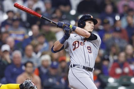 Apr 24, 2023; Milwaukee, Wisconsin, USA;  Detroit Tigers third baseman Nick Maton (9) hits a home run during the third inning against the Milwaukee Brewers at American Family Field. Mandatory Credit: Jeff Hanisch-USA TODAY Sports