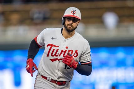 Apr 24, 2023; Minneapolis, Minnesota, USA; Minnesota Twins first baseman Joey Gallo (13) rounds second base after hitting a solo home run in the fourth inning against the New York Yankees at Target Field. Mandatory Credit: Jesse Johnson-USA TODAY Sports