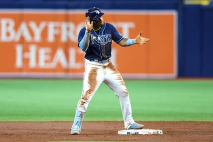 Apr 24, 2023; St. Petersburg, Florida, USA;  Tampa Bay Rays shortstop Wander Franco (5) reacts after hitting a double against the Houston Astros in the second inning at Tropicana Field. Mandatory Credit: Nathan Ray Seebeck-USA TODAY Sports
