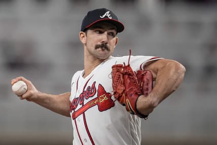 Apr 24, 2023; Cumberland, Georgia, USA; Atlanta Braves starting pitcher Spencer Strider (99) pitches against the Miami Marlins during the seventh inning at Truist Park. Mandatory Credit: Dale Zanine-USA TODAY Sports