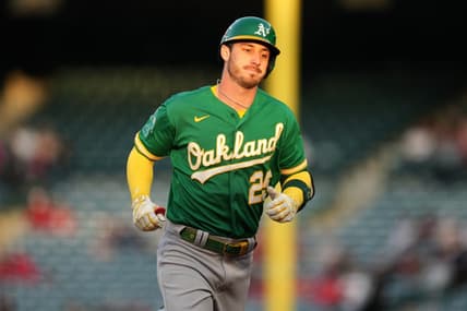 Apr 24, 2023; Anaheim, California, USA; Oakland Athletics right fielder Brent Rooker (25) rounds the bases after hitting a solo home run in the first inning against the Los Angeles Angels at Angel Stadium. Mandatory Credit: Kirby Lee-USA TODAY Sports