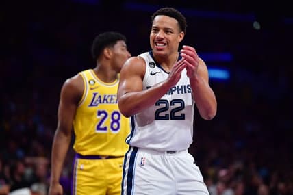 Apr 24, 2023; Los Angeles, California, USA; Memphis Grizzlies guard Desmond Bane (22) reacts after scoring a basket against the Los Angeles Lakers during the second half in game four of the 2023 NBA playoffs at Crypto.com Arena. Mandatory Credit: Gary A. Vasquez-USA TODAY Sports