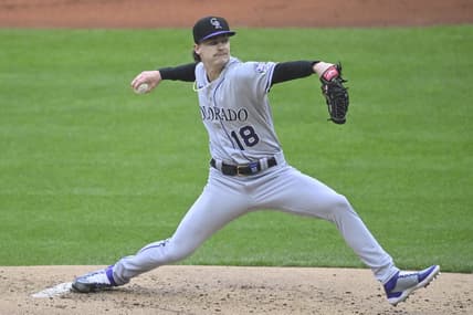 Apr 25, 2023; Cleveland, Ohio, USA; Colorado Rockies starting pitcher Ryan Feltner (18) delivers during the first inning against the Cleveland Guardians at Progressive Field. Mandatory Credit: David Richard-USA TODAY Sports