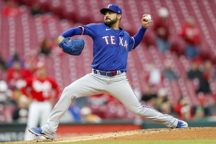 Apr 25, 2023; Cincinnati, Ohio, USA; Texas Rangers starting pitcher Martin Perez (54) pitches against the Cincinnati Reds in the first inning at Great American Ball Park. Mandatory Credit: Katie Stratman-USA TODAY Sports