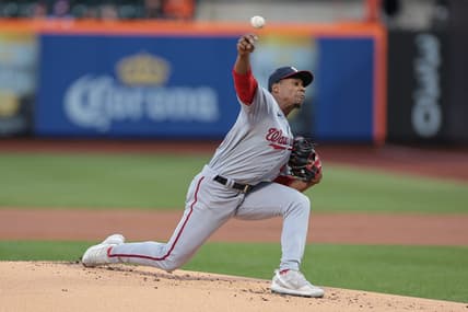 Apr 25, 2023; New York City, New York, USA; Washington Nationals starting pitcher Josiah Gray (40) delivers a pitch during the first inning against the New York Mets at Citi Field. Mandatory Credit: Vincent Carchietta-USA TODAY Sports