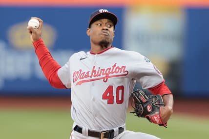 Apr 25, 2023; New York City, New York, USA; Washington Nationals starting pitcher Josiah Gray (40) delivers a pitch during the first inning against the New York Mets at Citi Field. Mandatory Credit: Vincent Carchietta-USA TODAY Sports