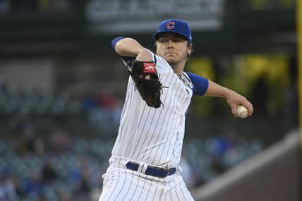 Apr 25, 2023; Chicago, Illinois, USA;  Chicago Cubs starting pitcher Justin Steele (35) delivers against the San Diego Padres during the first inning at Wrigley Field. Mandatory Credit: Matt Marton-USA TODAY Sports