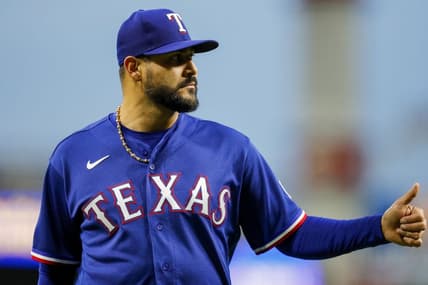 Apr 25, 2023; Cincinnati, Ohio, USA; Texas Rangers starting pitcher Martin Perez (54) walks off the field at the end of the sixth inning in the game against the Cincinnati Reds at Great American Ball Park. Mandatory Credit: Katie Stratman-USA TODAY Sports