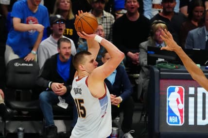 Apr 25, 2023; Denver, Colorado, USA; Denver Nuggets center Nikola Jokic (15) shoots in the second half against the Minnesota Timberwolves in game five of the 2023 NBA Playoffs at Ball Arena. Mandatory Credit: Ron Chenoy-USA TODAY Sports