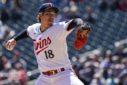 Apr 26, 2023; Minneapolis, Minnesota, USA; Minnesota Twins pitcher Kenta Maeda (18) delivers a pitch against the New York Yankees at Target Field. Mandatory Credit: Nick Wosika-USA TODAY Sports