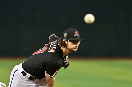 Apr 26, 2023; Phoenix, Arizona, USA; Arizona Diamondbacks starting pitcher Zac Gallen (23) throws in the first inning against the Kansas City Royals at Chase Field. Mandatory Credit: Matt Kartozian-USA TODAY Sports