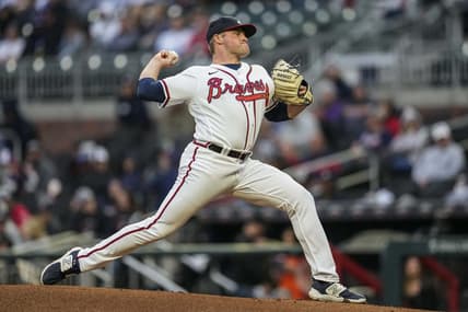 Apr 26, 2023; Cumberland, Georgia, USA; Atlanta Braves starting pitcher Bryce Elder (55) pitches against the Miami Marlins during the second inning at Truist Park. Mandatory Credit: Dale Zanine-USA TODAY Sports