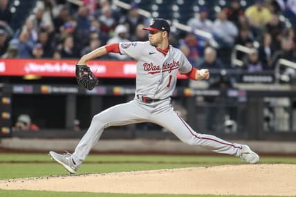 Apr 26, 2023; New York City, New York, USA;  Washington Nationals starting pitcher MacKenzie Gore (1) pitches in the second inning against the New York Mets at Citi Field. Mandatory Credit: Wendell Cruz-USA TODAY Sports