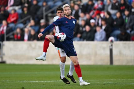 Apr 26, 2023; Bridgeview, IL, USA;  Chicago Fire FC forward Kacper Przybylko (11) takes control of the ball in front of Chicago House AC midfielder Nassouh Kabbani (15) in the first half at SeatGeek Stadium. Mandatory Credit: Jamie Sabau-USA TODAY Sports