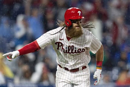 Apr 26, 2023; Philadelphia, Pennsylvania, USA; Philadelphia Phillies center fielder Brandon Marsh (16) reacts after hitting a single against the Seattle Mariners during the eighth inning at Citizens Bank Park. Mandatory Credit: Bill Streicher-USA TODAY Sports