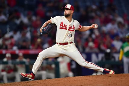 Apr 26, 2023; Anaheim, California, USA; Los Angeles Angels starting pitcher Patrick Sandoval (43) throws against the Oakland Athletics during the fourth inning at Angel Stadium. Mandatory Credit: Gary A. Vasquez-USA TODAY Sports