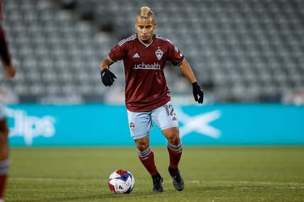 Apr 26, 2023; Commerce City, CO, USA; Colorado Rapids forward Michael Barrios (12) controls the ball in the second half against Northern Colorado Hailstorm FC at Dick's Sporting Goods Park. Mandatory Credit: Isaiah J. Downing-USA TODAY Sports