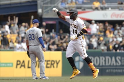 Apr 27, 2023; Pittsburgh, Pennsylvania, USA;  Pittsburgh Pirates shortstop Rodolfo Castro (14) reacts as he circles the bases on a solo home run against the Los Angeles Dodgers during the sixth inning at PNC Park. Mandatory Credit: Charles LeClaire-USA TODAY Sports