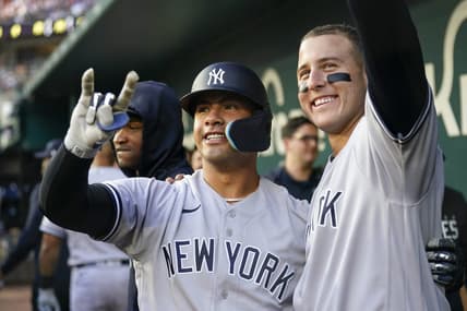 Apr 27, 2023; Arlington, Texas, USA; New York Yankees second baseman Gleyber Torres (25) celebrates his home run with designated hitter Anthony Rizzo (48) against the Texas Rangers during the second inning at Globe Life Field. Mandatory Credit: Jim Cowsert-USA TODAY Sports