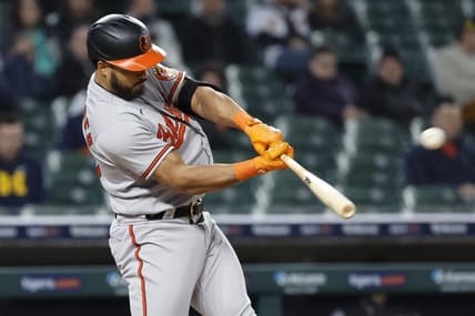 Apr 27, 2023; Detroit, Michigan, USA; Baltimore Orioles right fielder Anthony Santander (25) hits a two run home run in the seventh inning against the Detroit Tigers at Comerica Park. Mandatory Credit: Rick Osentoski-USA TODAY Sports